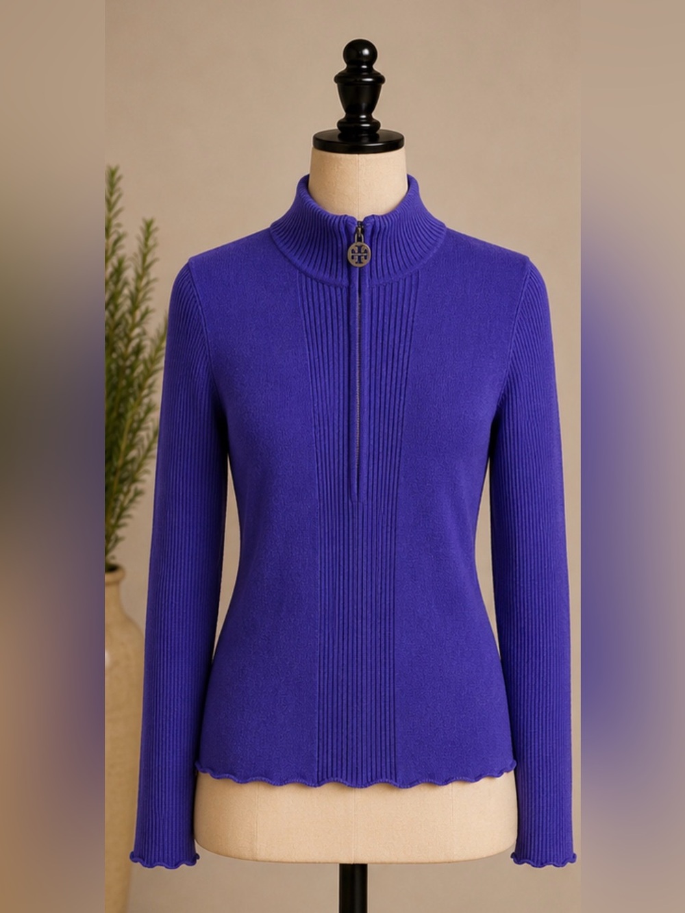 Tory Burch Vibrant Purple Ribbed Half-Zip Mock Neck Sweater